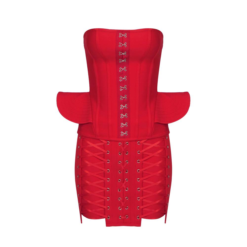 The Bandeau Heart Laces Bustier & Skirts Two Piece Set Red