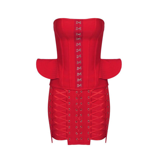 The Bandeau Heart Laces Bustier & Skirts Two Piece Set Red