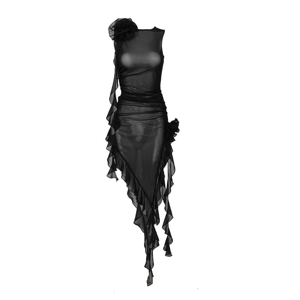 The Obsession Mesh Ruffles Midi Black Dress
