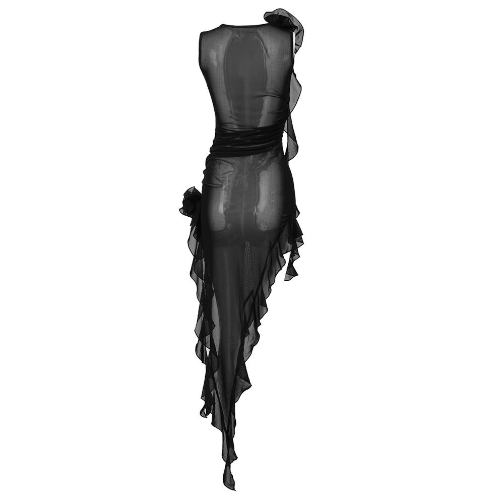 The Obsession Mesh Ruffles Midi Black Dress