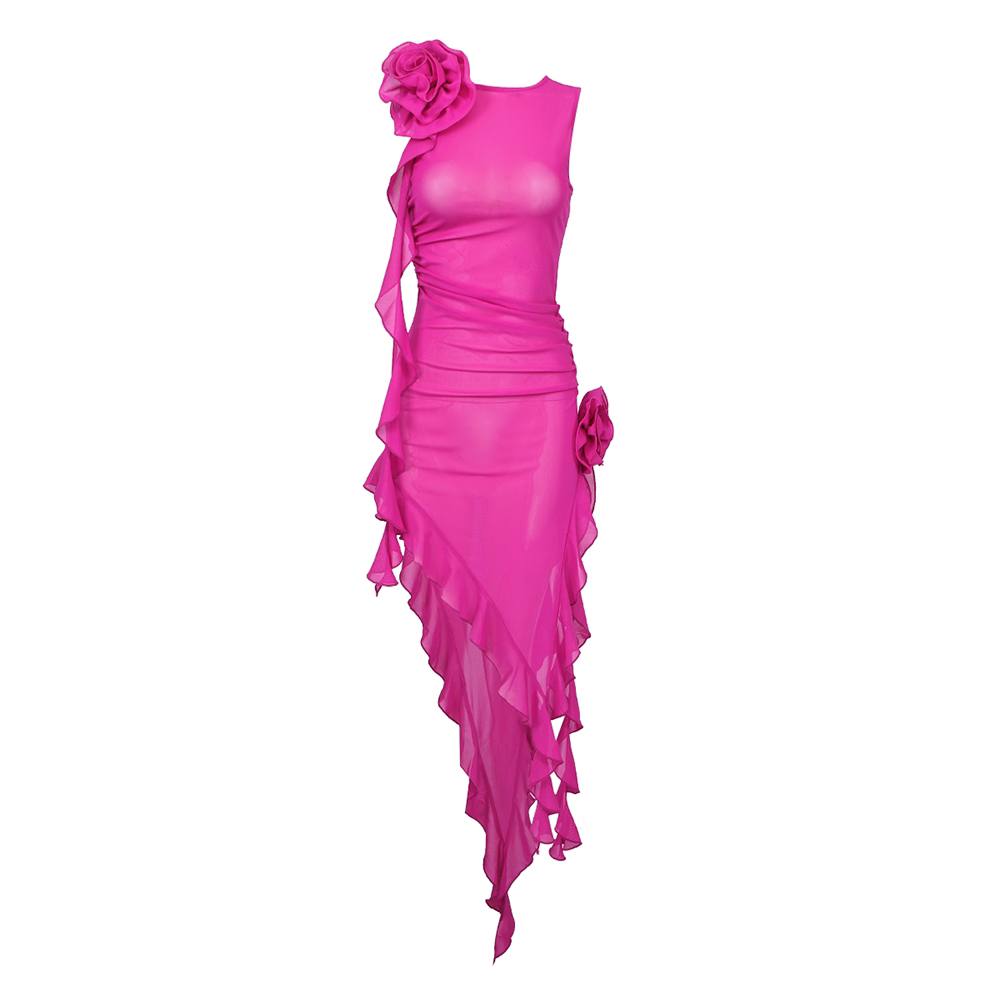 The Obsession Mesh Ruffles Midi Pink Dress