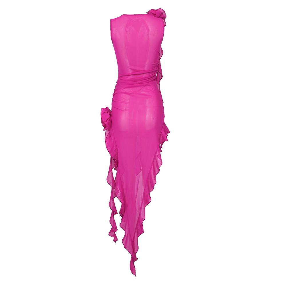 The Obsession Mesh Ruffles Midi Pink Dress