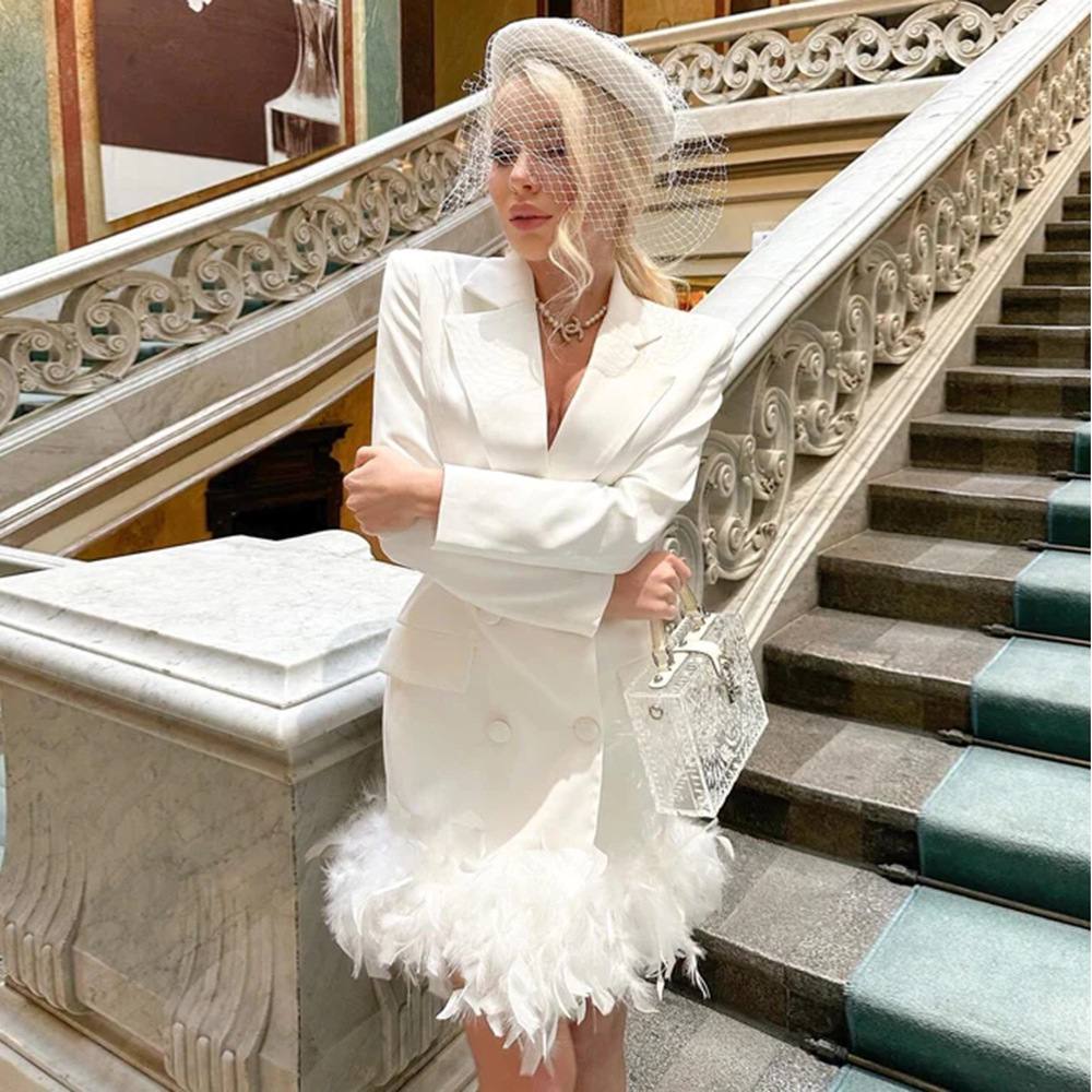 The London White Feather Blazer Mini Dress