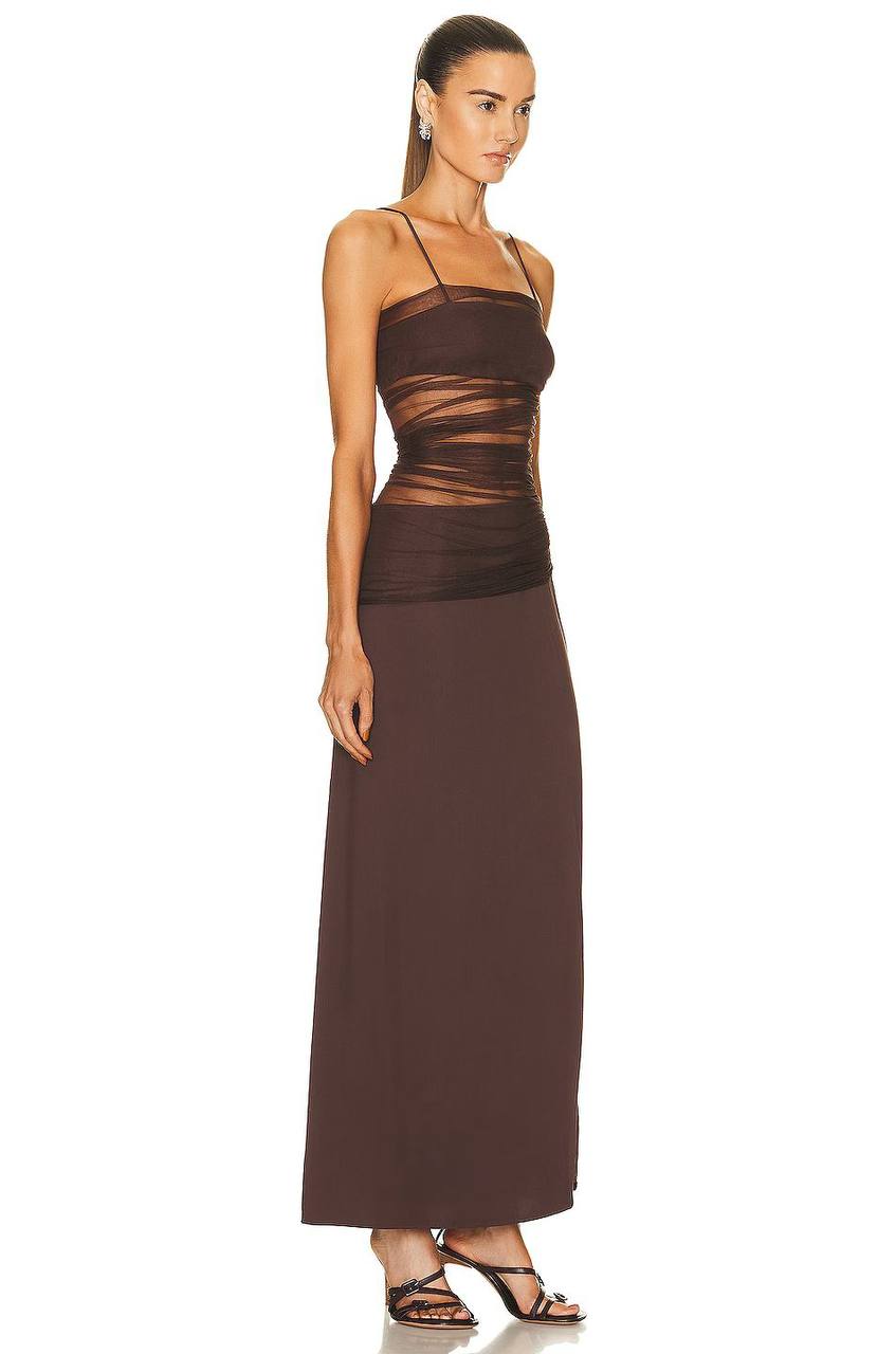The Contrast Sheer Panel Dress in Brown