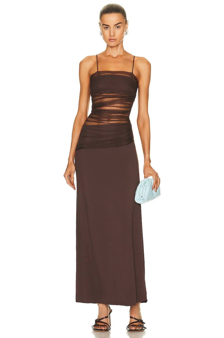 The Contrast Sheer Panel Dress in Brown
