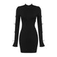 The Black Long Sleeve Bow Open Waist Mini Dress