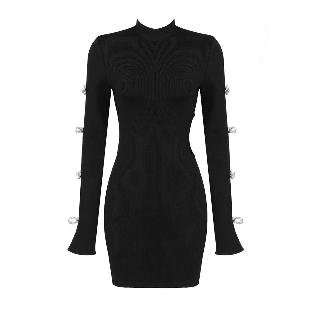 The Black Long Sleeve Bow Open Waist Mini Dress