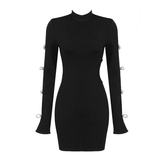 The Black Long Sleeve Bow Open Waist Mini Dress