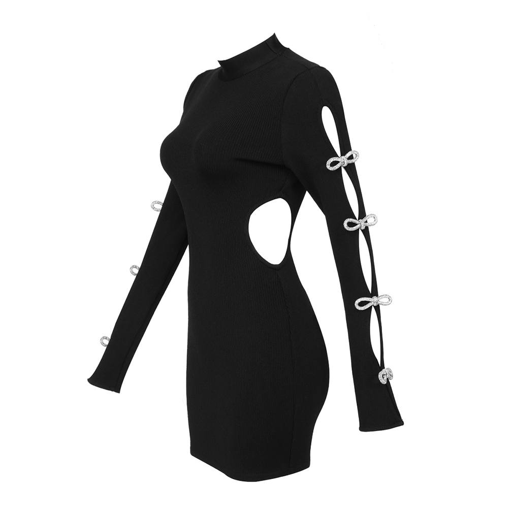 The Black Long Sleeve Bow Open Waist Mini Dress