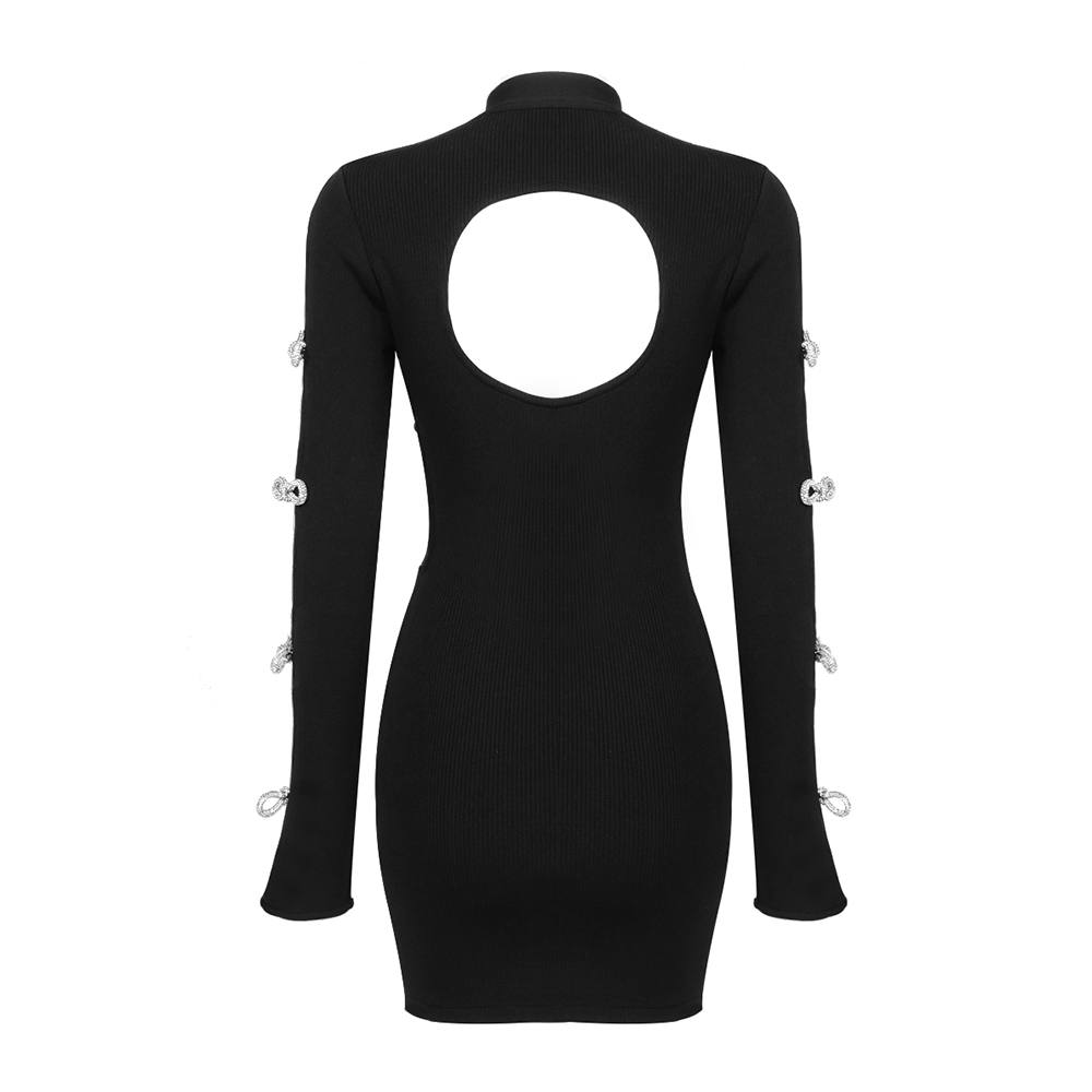 The Black Long Sleeve Bow Open Waist Mini Dress