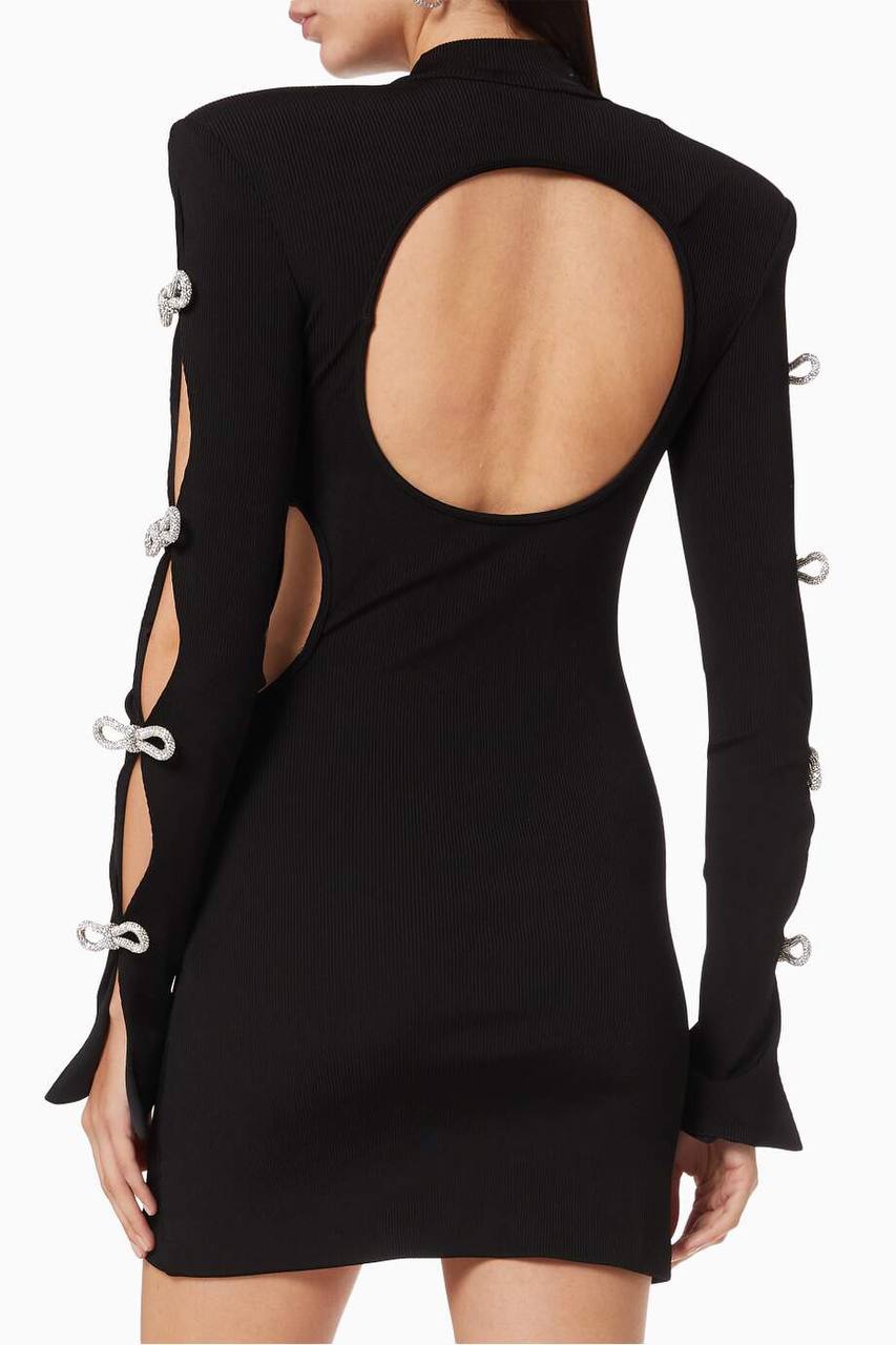 The Black Long Sleeve Bow Open Waist Mini Dress