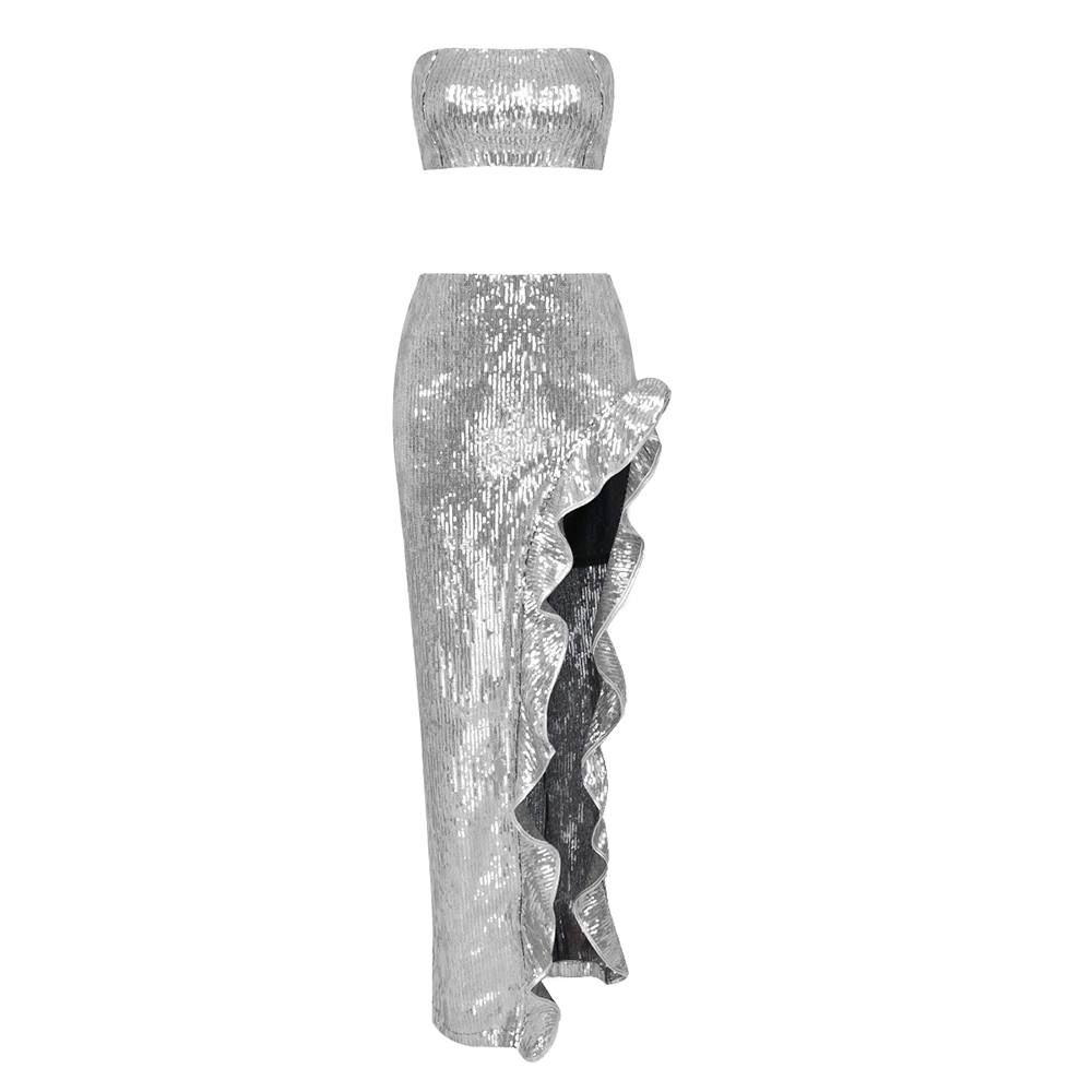 The Silver Beaded High Split Lace Two Piece