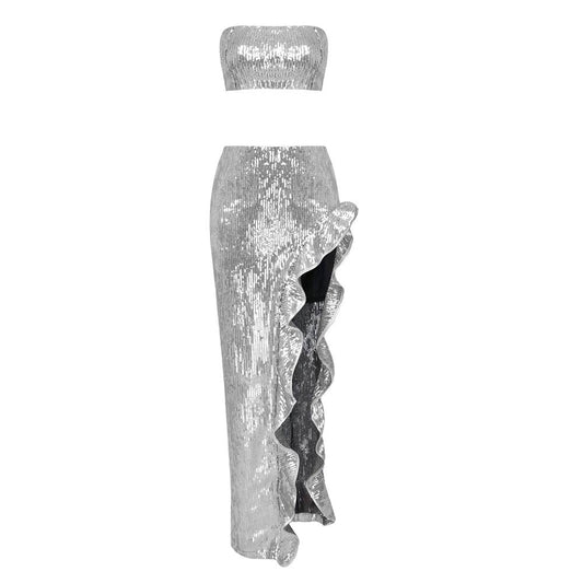 The Silver Beaded High Split Lace Two Piece
