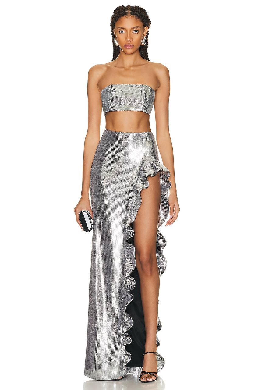 The Silver Beaded High Split Lace Two Piece