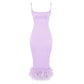The Satin Feather Trim Midi Dress in Purple