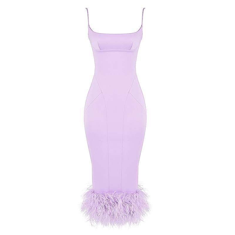 The Satin Feather Trim Midi Dress in Purple