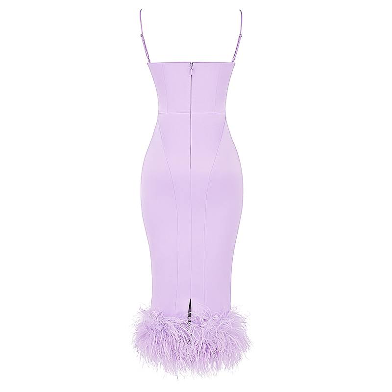 The Satin Feather Trim Midi Dress in Purple