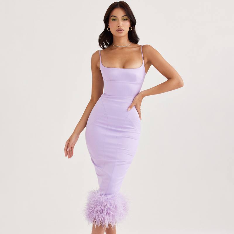 The Satin Feather Trim Midi Dress in Purple