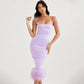 The Satin Feather Trim Midi Dress in Purple