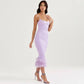 The Satin Feather Trim Midi Dress in Purple