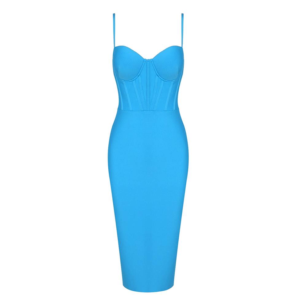 The Strappy Corset Midi Bandage Dress In Blue