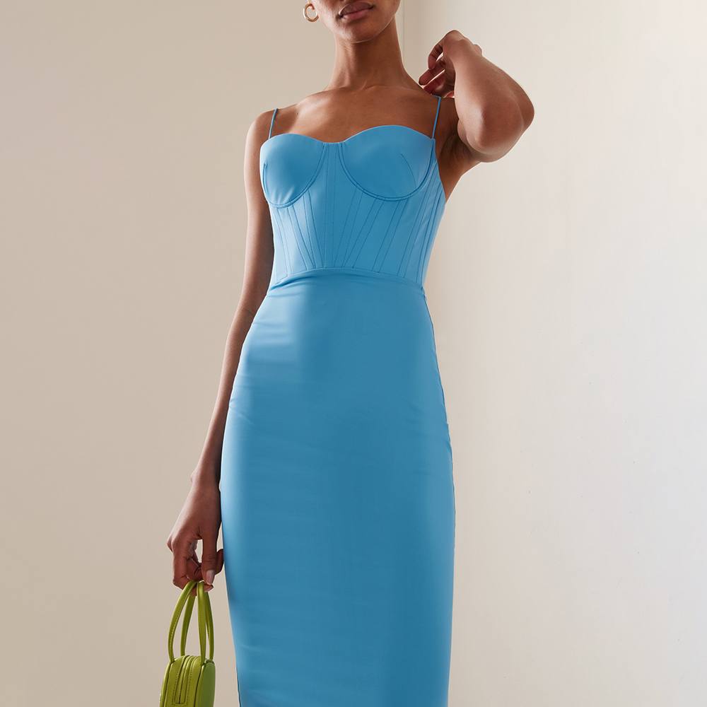 The Strappy Corset Midi Bandage Dress In Blue