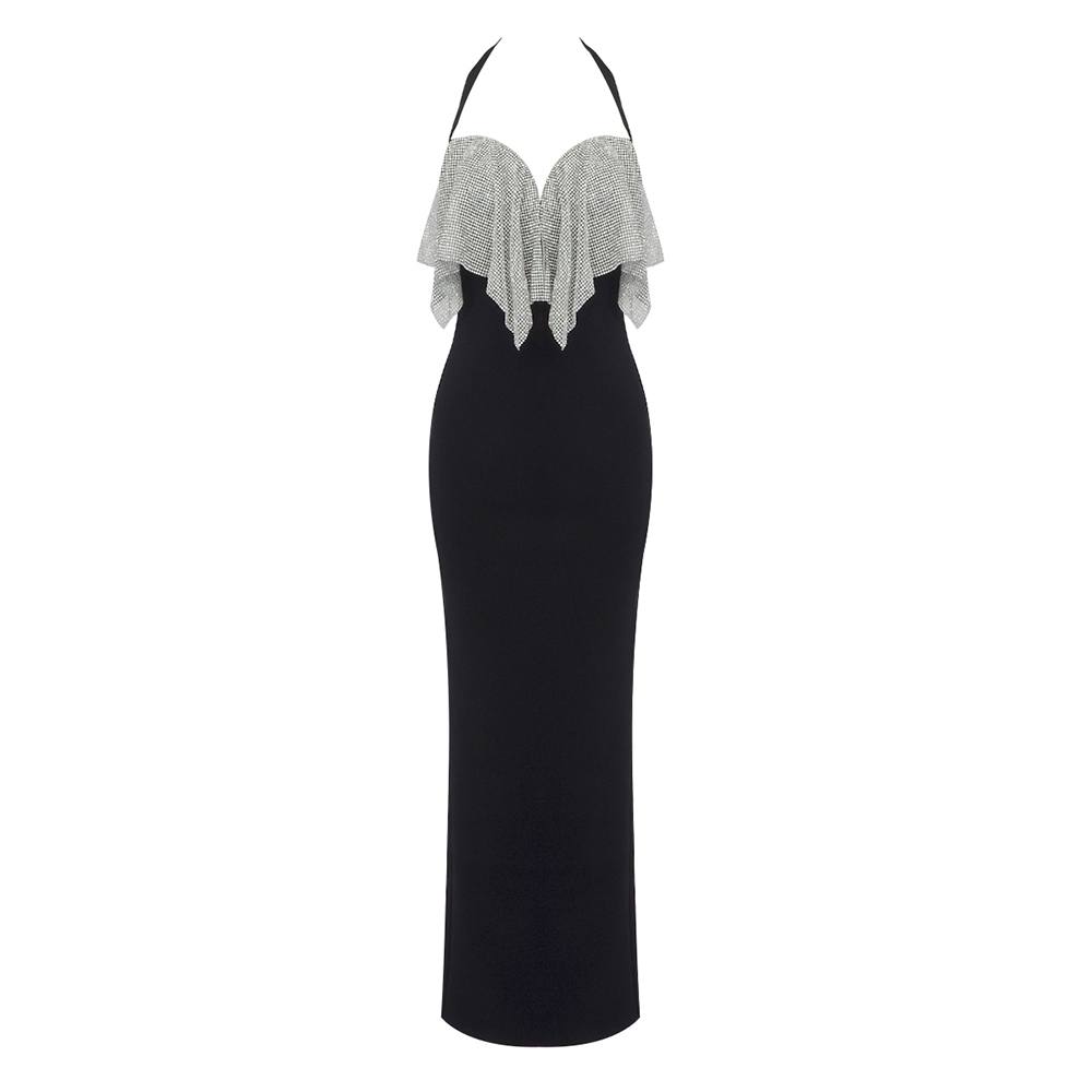 The Black Halter Bandage Corseted Dress With Crystal Chainmail