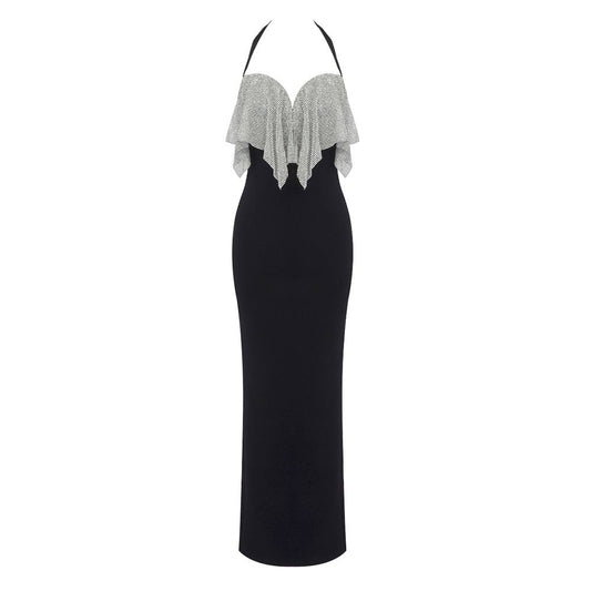 The Black Halter Bandage Corseted Dress With Crystal Chainmail