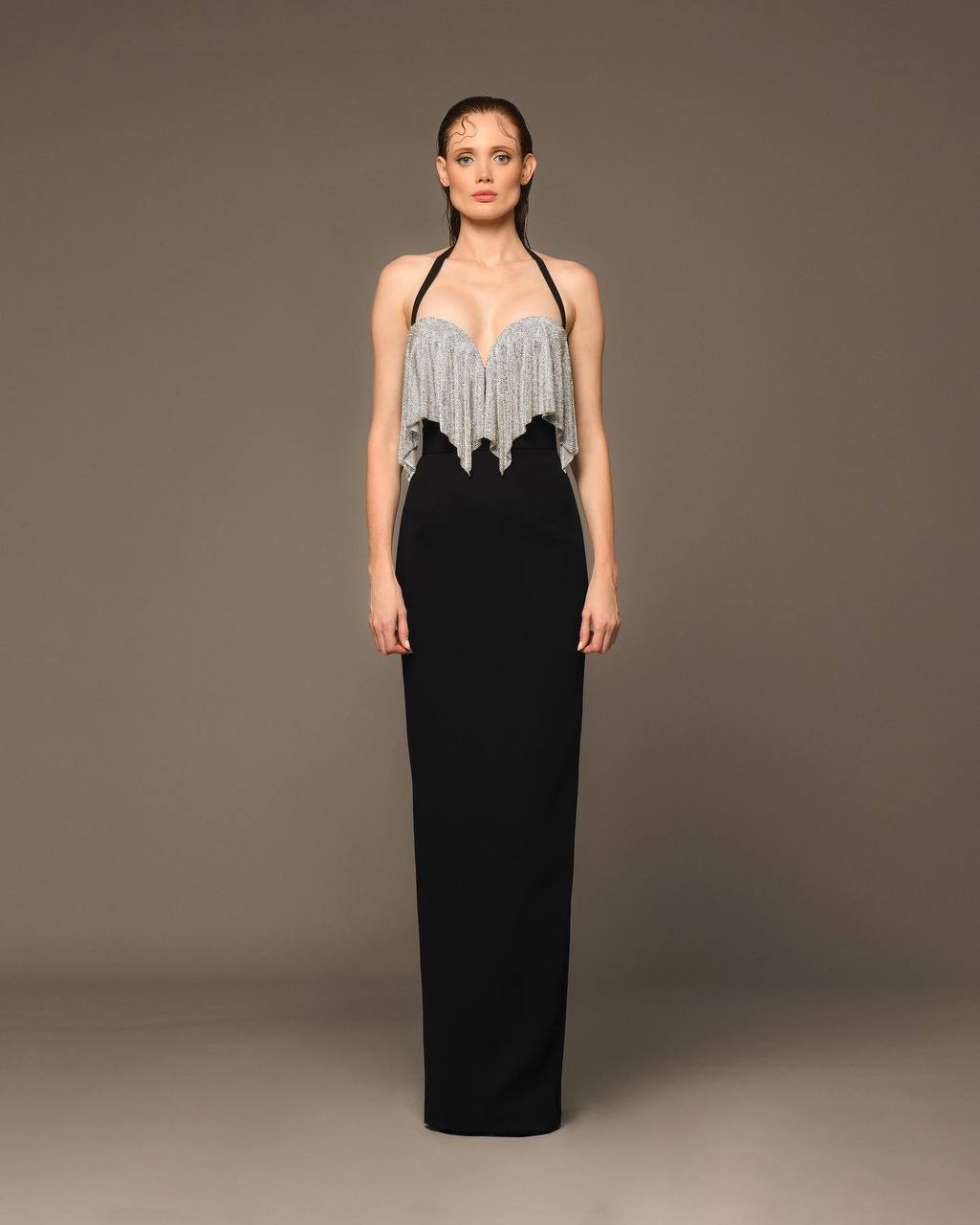The Black Halter Bandage Corseted Dress With Crystal Chainmail