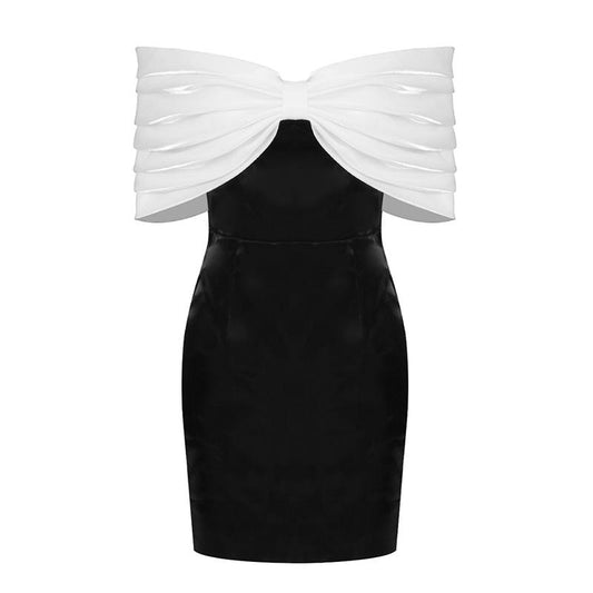 Satin White Bow Off-Shoulder Black Mini Dress