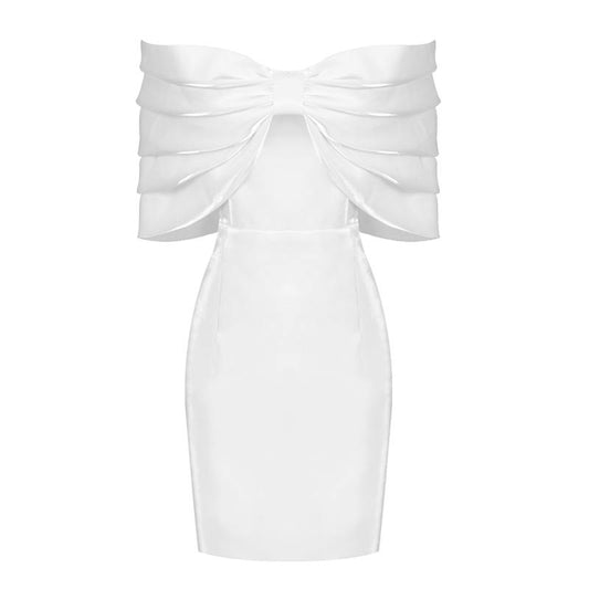 Satin White Bow Off-Shoulder White Mini Dress