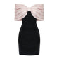 Satin Pink Bow Off-Shoulder Black Mini Dress
