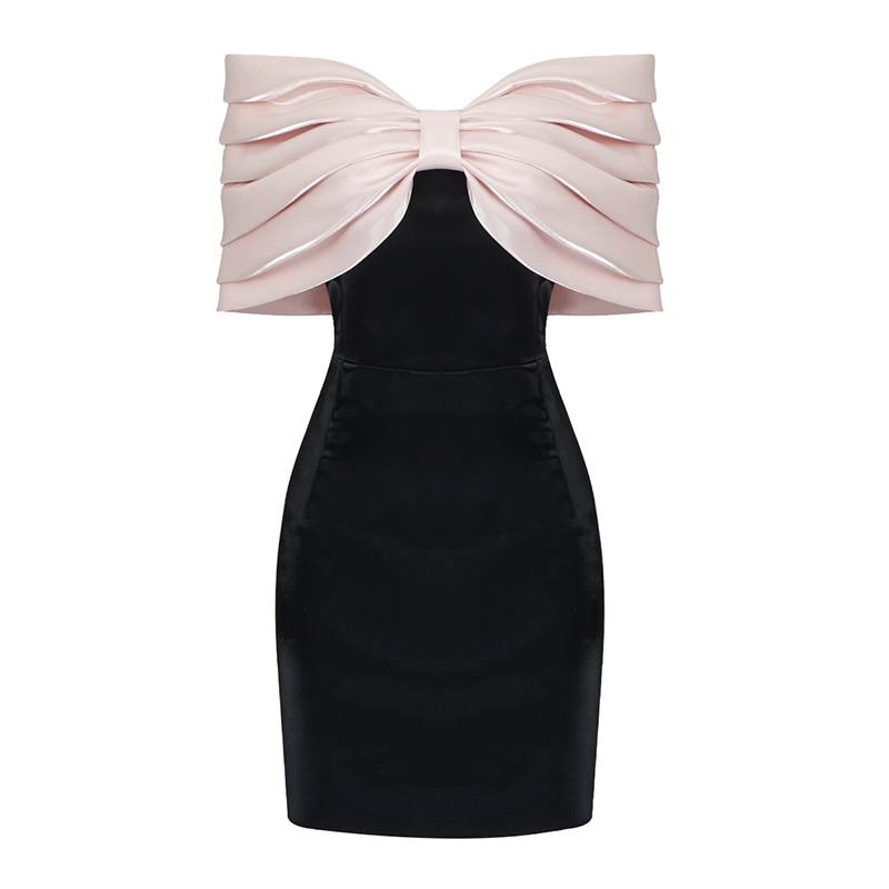 Satin Pink Bow Off-Shoulder Black Mini Dress