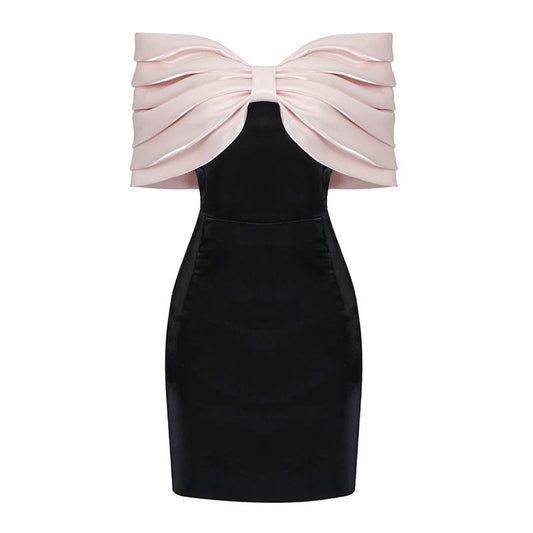 Satin Pink Bow Off-Shoulder Black Mini Dress
