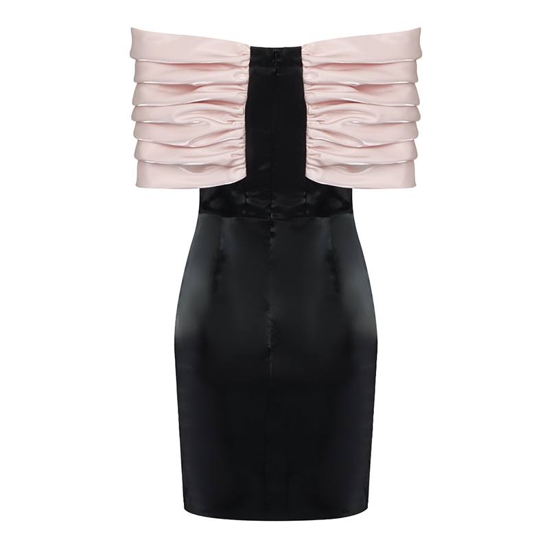 Satin Pink Bow Off-Shoulder Black Mini Dress