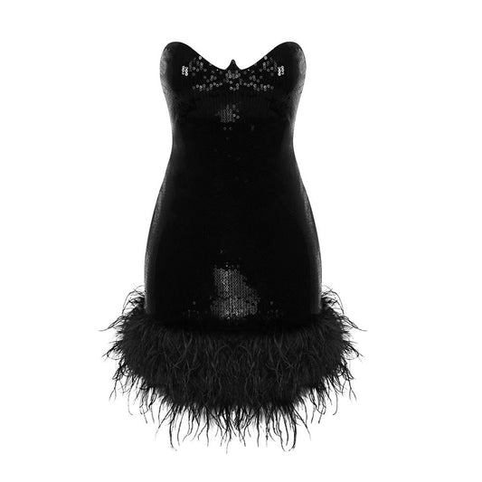 The Strapless Sequin Feather Hem Black Mini Dress