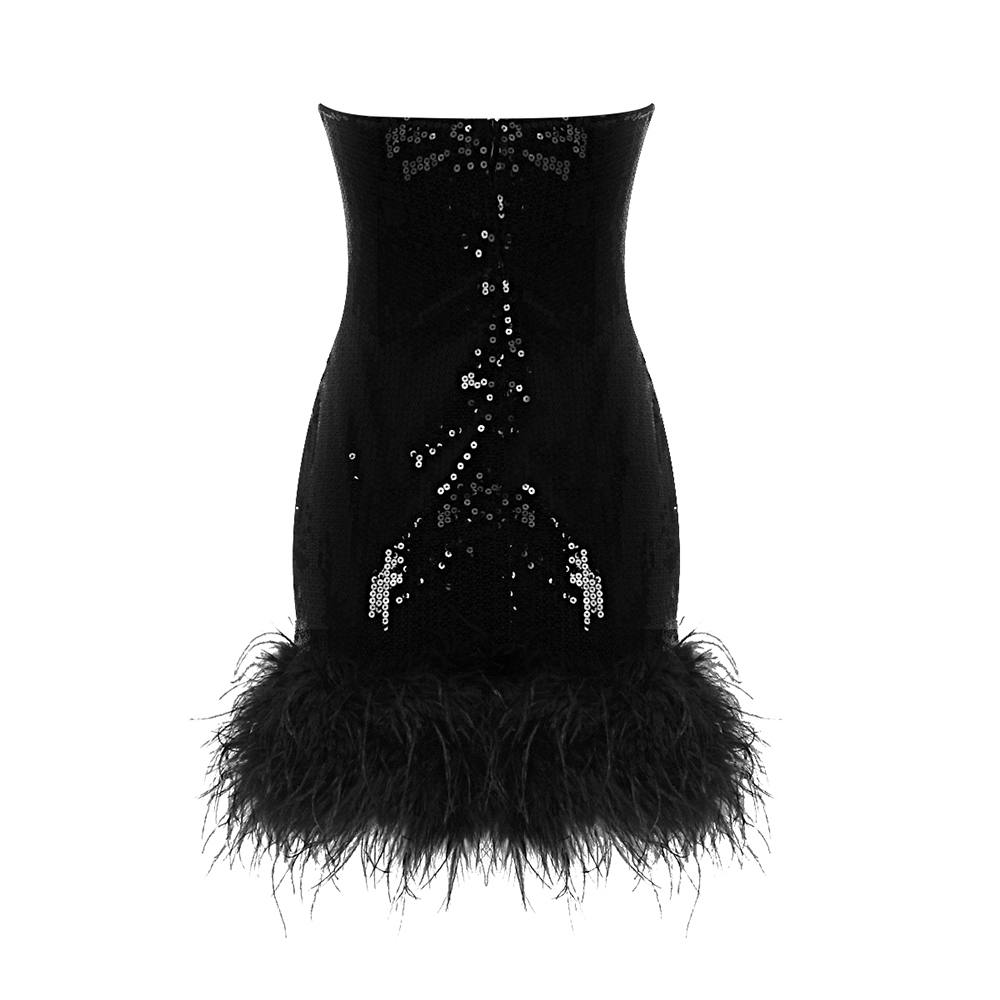 The Strapless Sequin Feather Hem Black Mini Dress