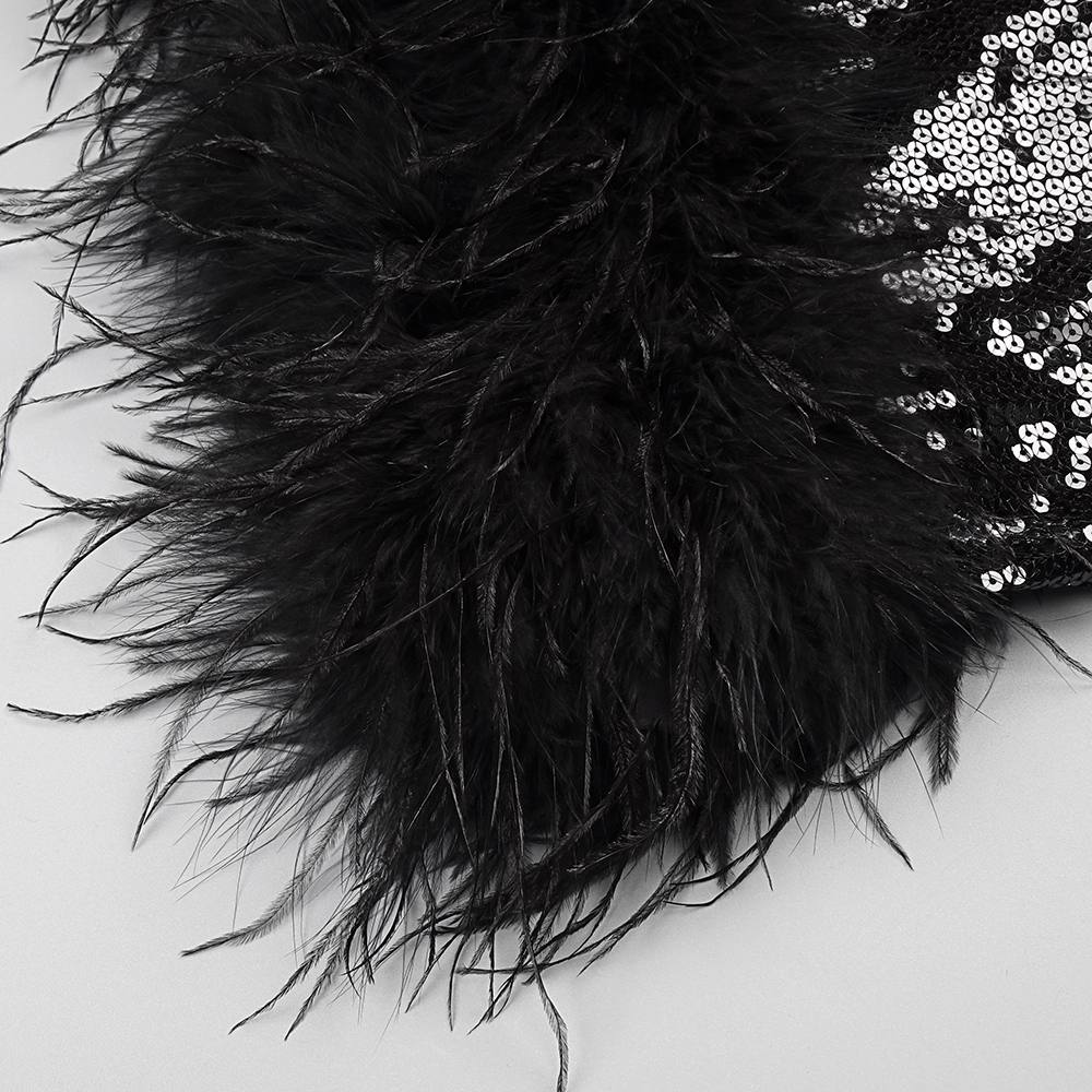 The Strapless Sequin Feather Hem Black Mini Dress