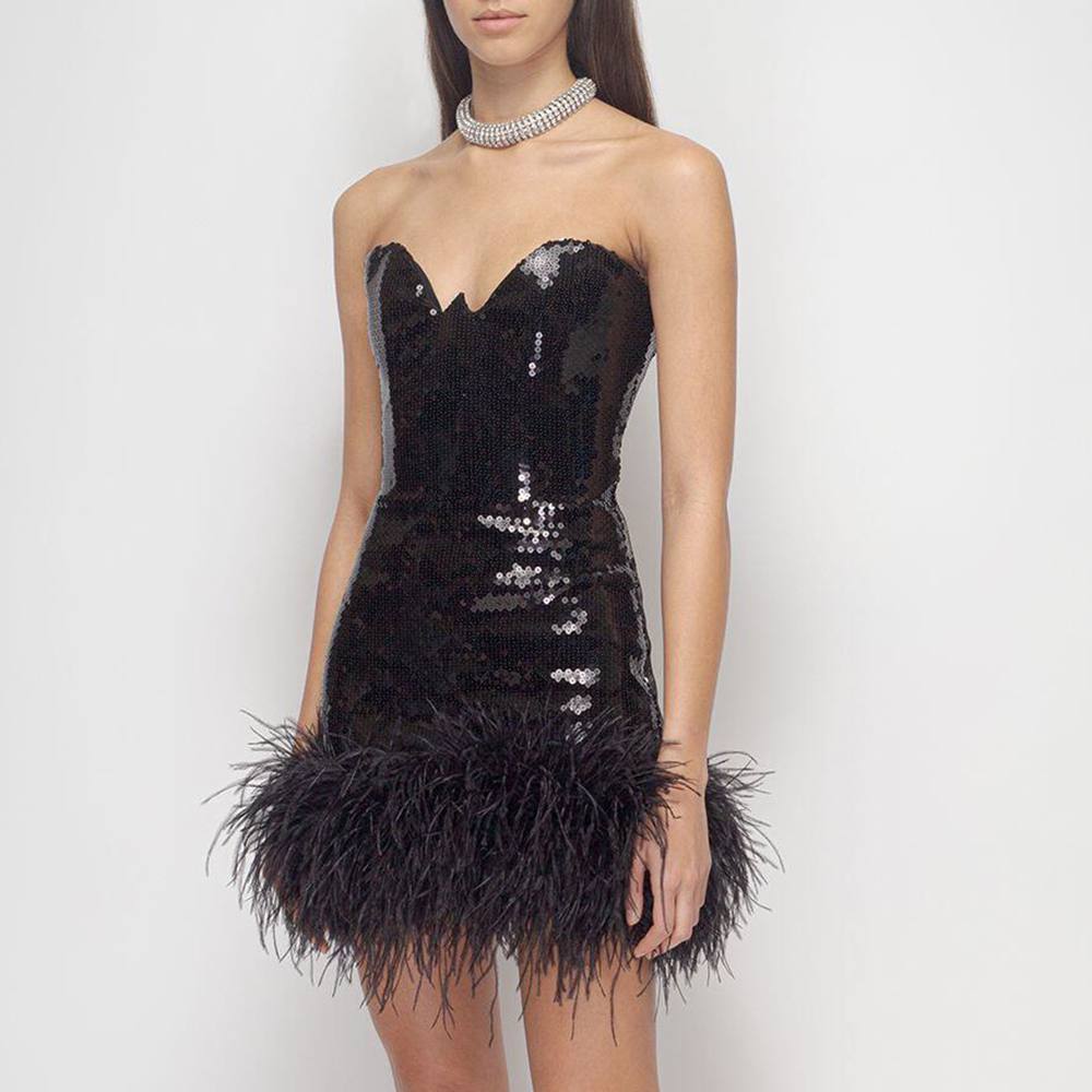 The Strapless Sequin Feather Hem Black Mini Dress