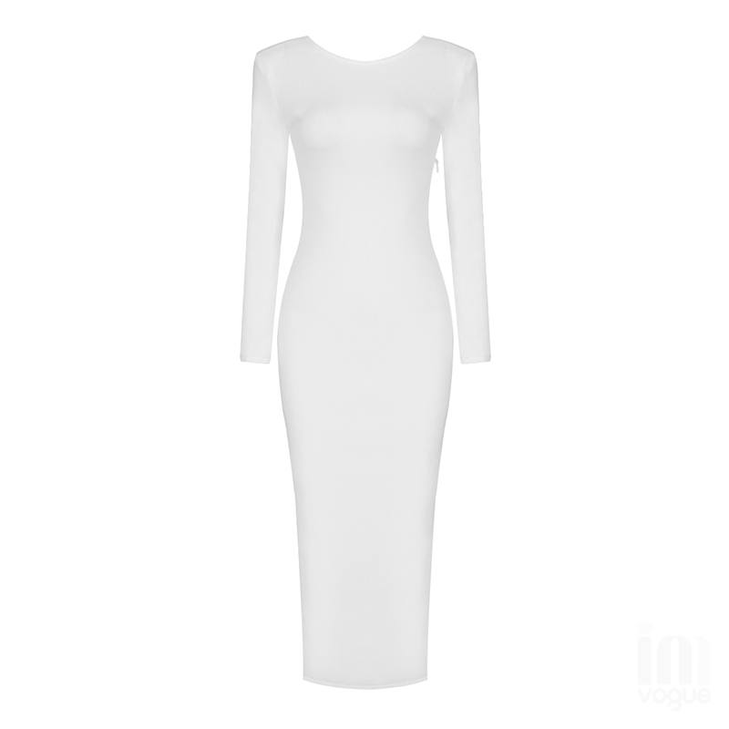 The White Backless Chain Long Sleeve Midi Dress