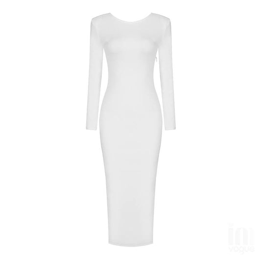 The White Backless Chain Long Sleeve Midi Dress