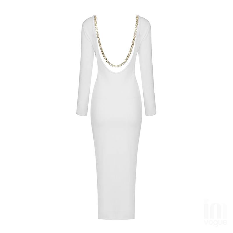 The White Backless Chain Long Sleeve Midi Dress