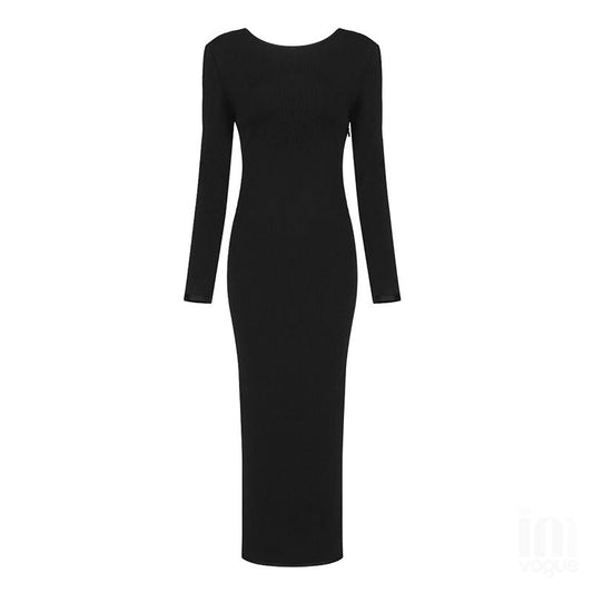 The Black Backless Chain Long Sleeve Midi Dress