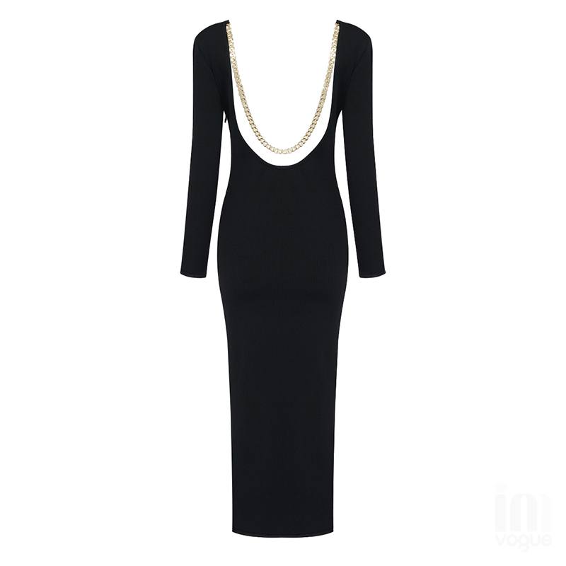 The Black Backless Chain Long Sleeve Midi Dress