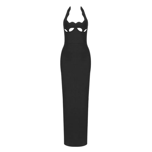 The Backless Halter Hollow Out Black Maxi Dress