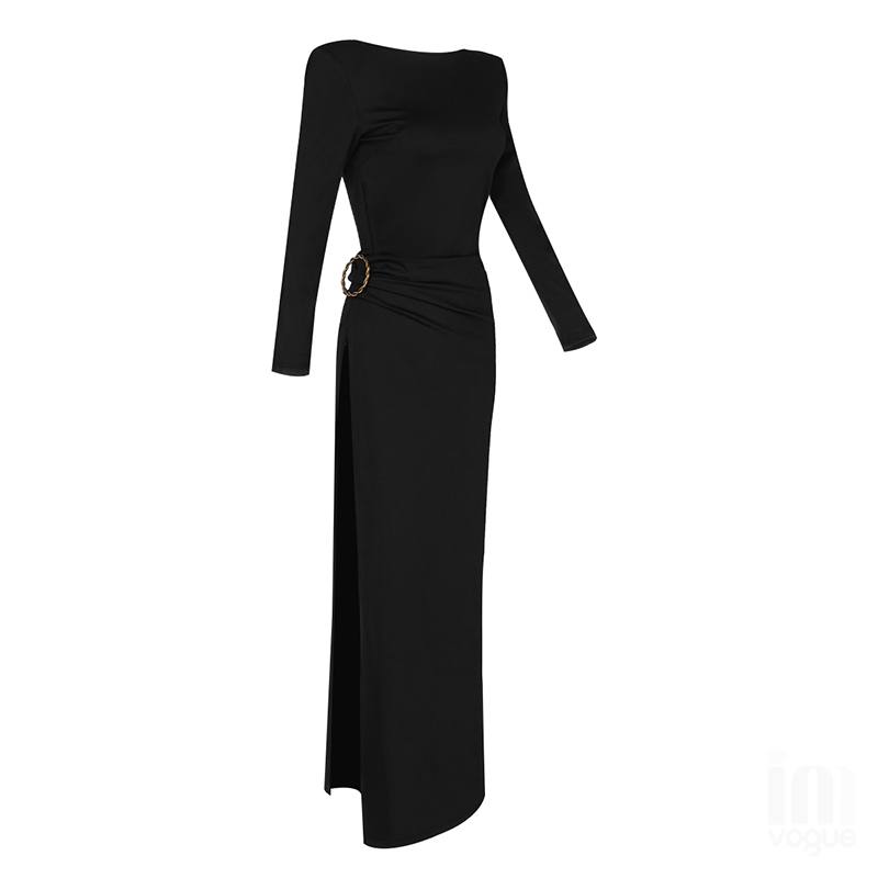 The Black Backless Plunge Long Sleeve Maxi Dress