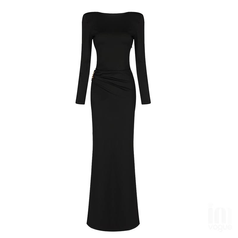 The Black Backless Plunge Long Sleeve Maxi Dress