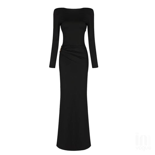 The Black Backless Plunge Long Sleeve Maxi Dress