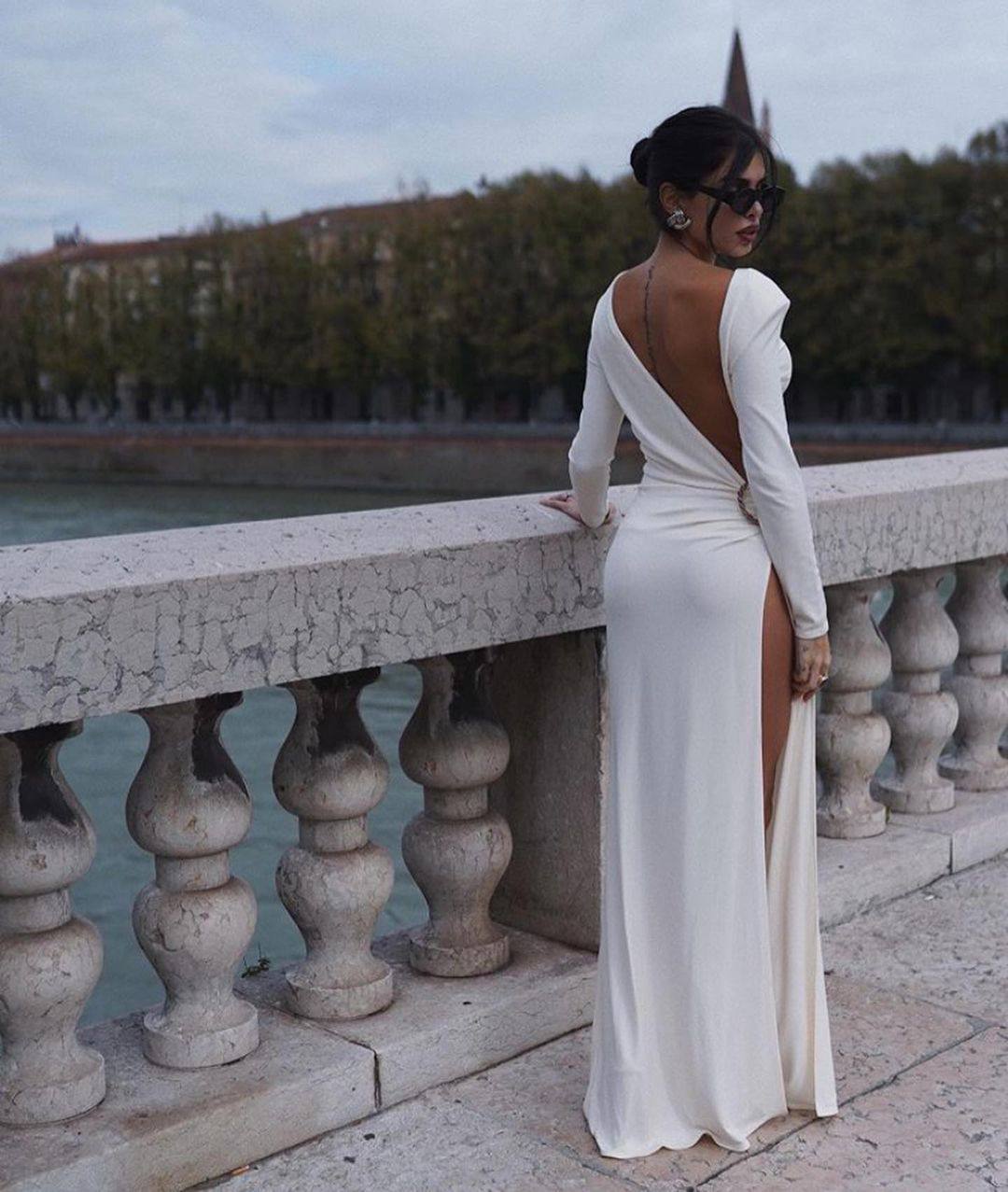 The White Backless Plunge Long Sleeve Maxi Dress