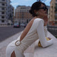 The White Backless Plunge Long Sleeve Maxi Dress